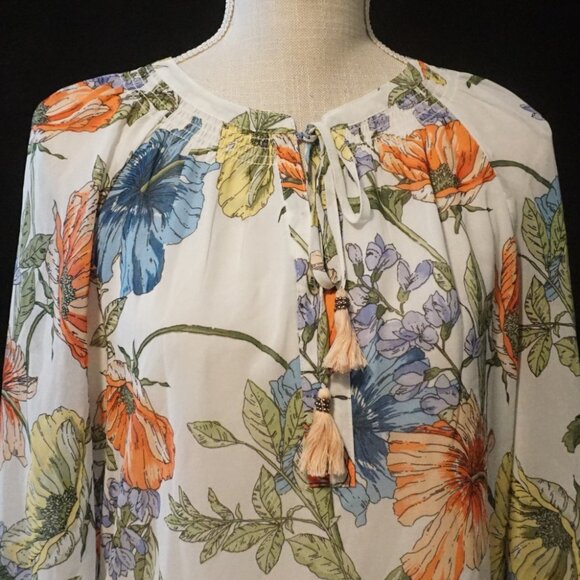 Daniel Rainn White Multi-Color Floral Print Sheer ¾ Sleeve Blouse Women’s Small - Picture 2 of 9